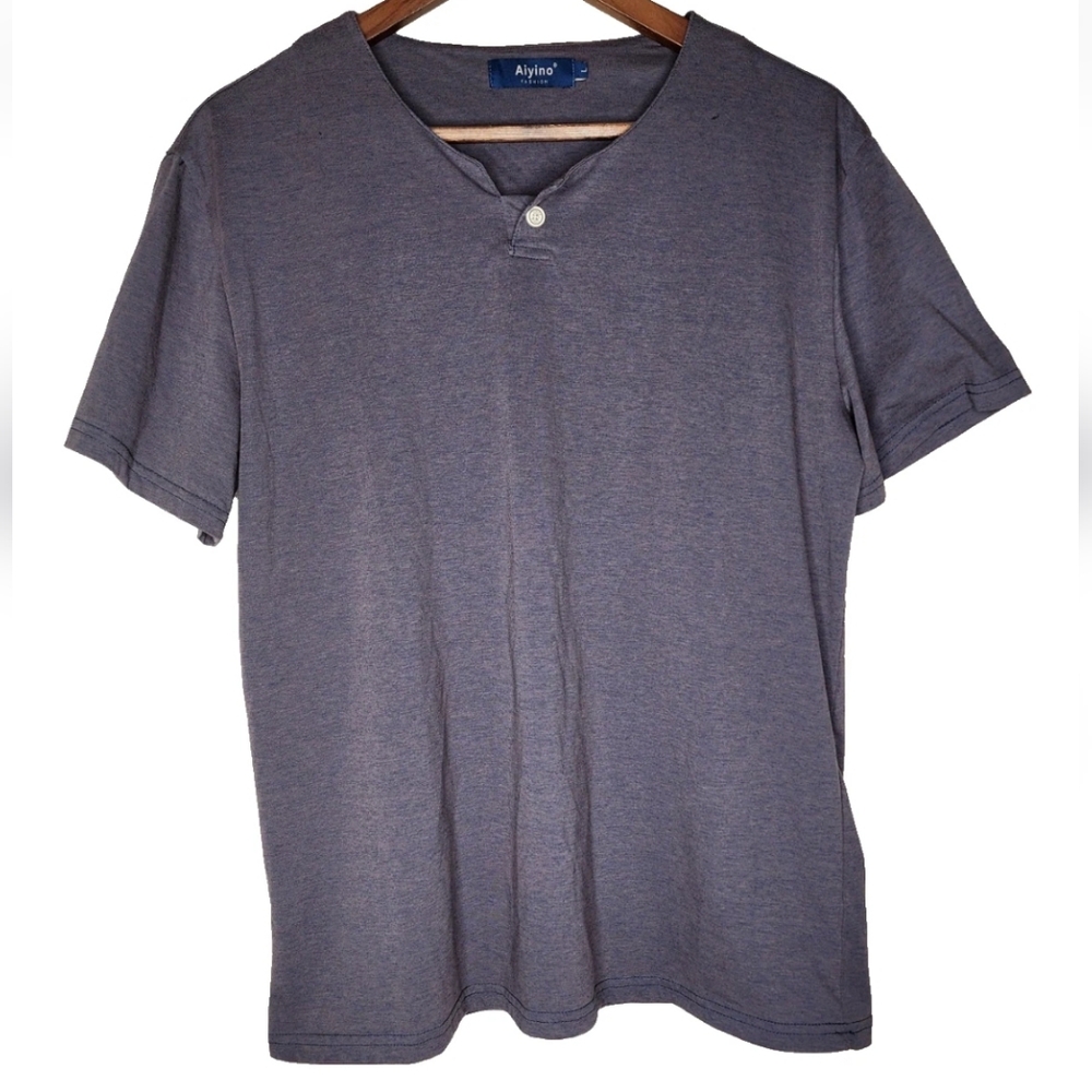 Aiyino Short Sleeve Single Button Henley Tee in Blue Size L